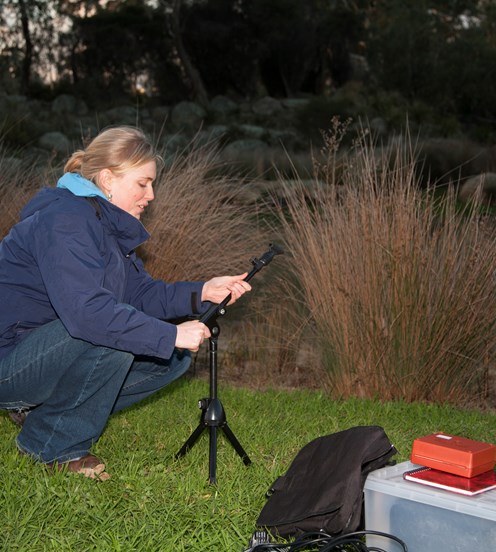 Phd Biology student, Katie Smith, recording frog calls beside a lake in a wetland environment at dusk.