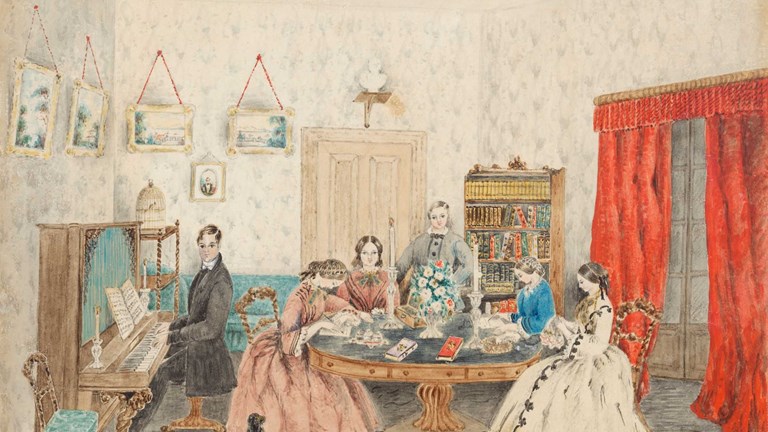 a painting of five women sitting around a round table stitching while a man sits at a piano to the left