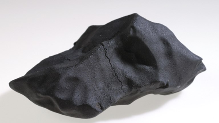 A large, smooth surfaced black rock.
