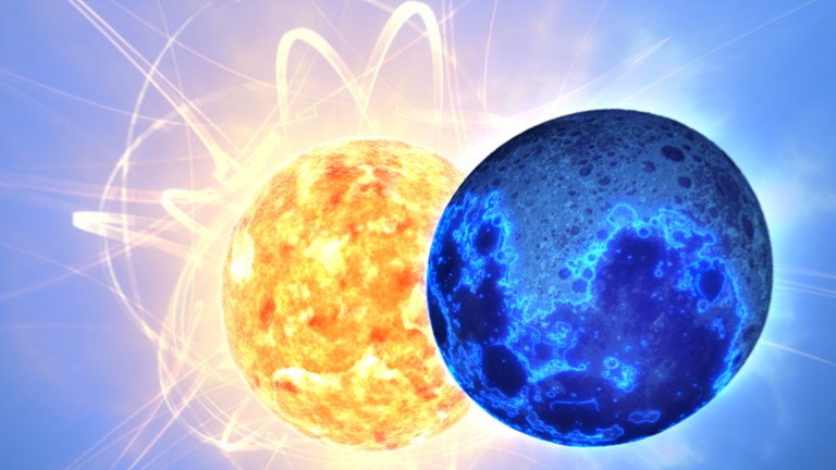 Two celestial orbs crossing paths.
