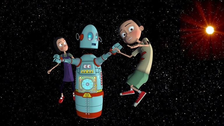 girl, robot and boy