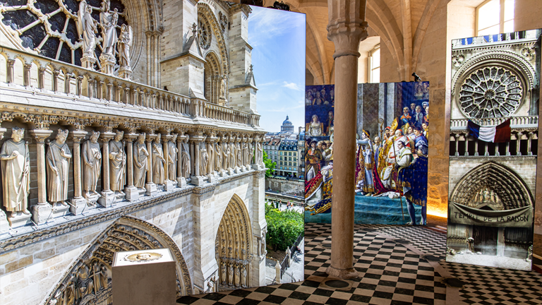 A digital exhibition where three large screens display vivid images of the exteriors of an elaborate stone cathedral and a medieval coronation.