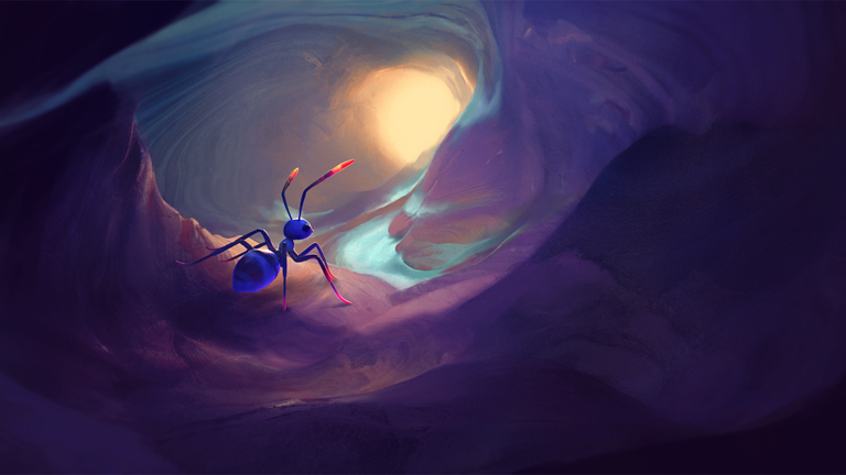 A blue ant in an underground tunnel looking at the sunlit tunnel entrance.
